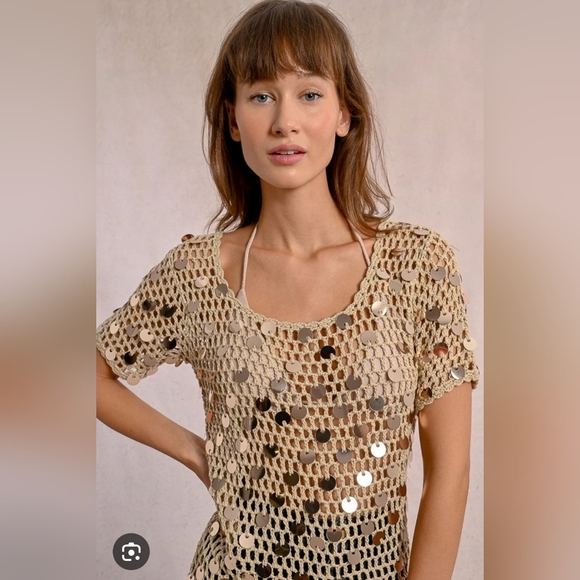 Molly Bracken Tan Sequin Crochet Blouse NWT XS PTP 17 - Picture 4 of 8